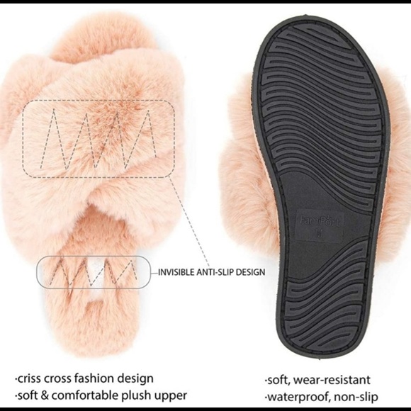 Fluffy Faux Fur Cross Band Slide Slippers NWT in GREY - Picture 9 of 10